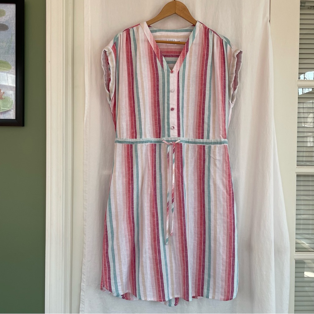 Multicolored, striped linen blend shirt dress with tie waist